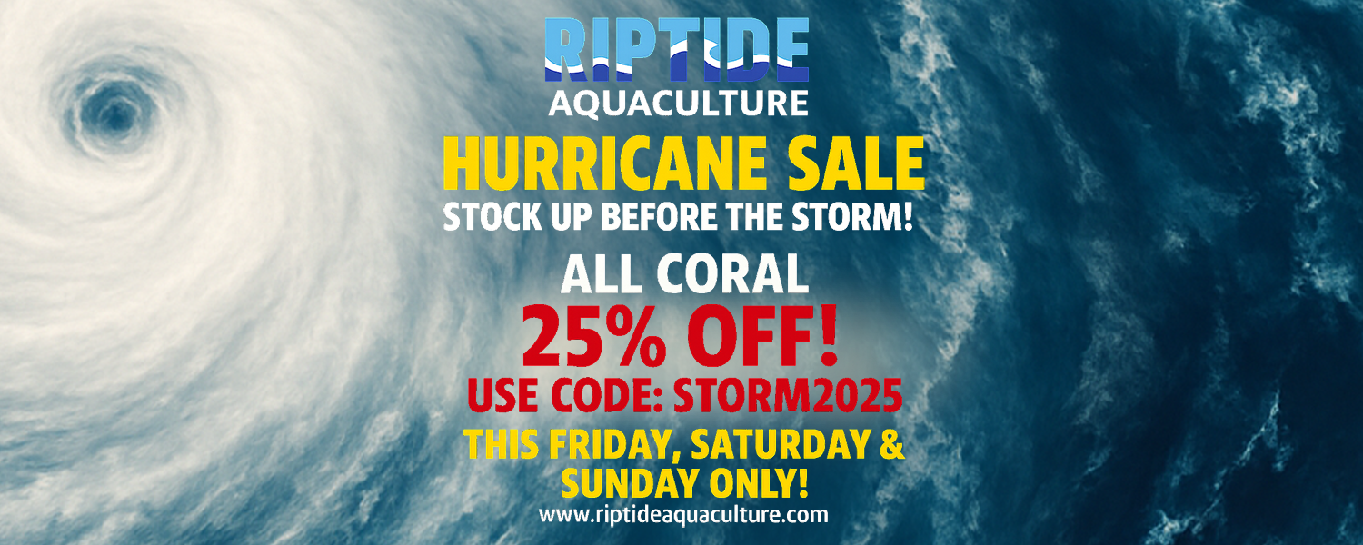 Promotional banner for Riptide Aquaculture's hurricane sale with a tropical storm background.